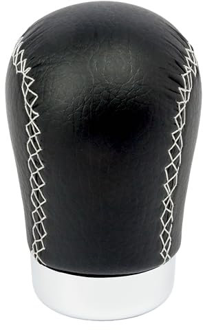 +PWR Car Parts Pomo de Cambio de Marchas Universal Modelo Class Corto Simil Piel Negra con Costura Gris. Con Gatillo de 30 mm. Diseño Elegante y Deportivo.