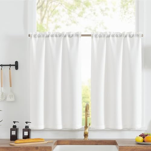 TOPICK Scheibengardinen Küche Weiß Bistrogardine mit Tunnelzug Modern Gardinen Kurz Blickdicht Leinenoptik Küchengardinen für Kleine Fenster Wohnmobil Küchenfenster 2er Set 115H x 70Bcm