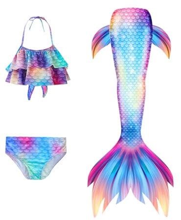 SKFLABOOF 3 Stück Badeanzug Schwanzflosse - Meerjungfrauenflosse für Mädchen Meerjungfrau-Kostüm Kinder Jugendliche mit Bikini Komm mit Zum Schwimmen 001c Pink, 110