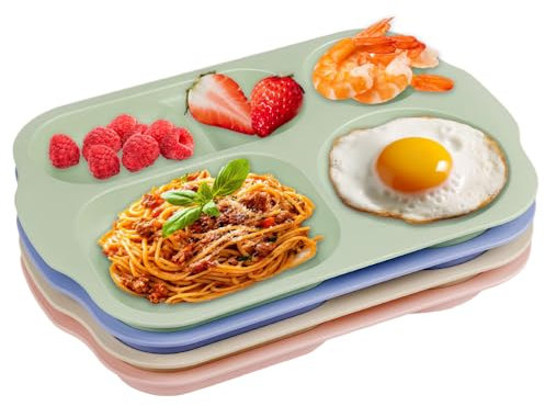 Hollylife 4pcs Divided Plate Plastic Dinner Set Reusable Microwave and Dishwasher Safe Unbreakable Non-Toxic BPA Free Portion Control Diet Plates Suitable for Soups Rice Fruit Noodles