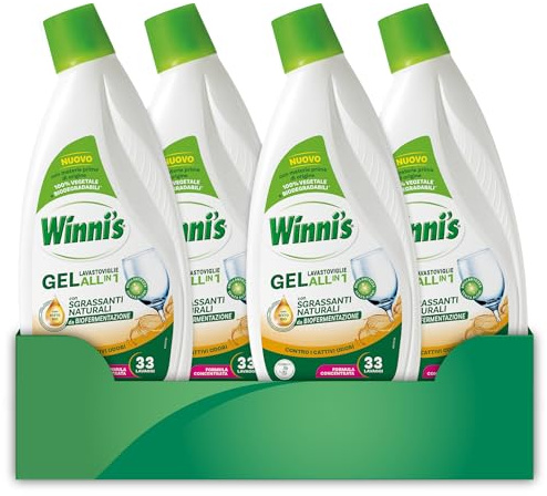 Winni's - Detersivo Gel Lavastoviglie Ipoallergenico, 132 Lavaggi, Azione Detergente, Antiodore e Brillantante, Fragranza di Aceto, con Materie Prime di Origine Vegetale, 561 ml x 4 Confezioni