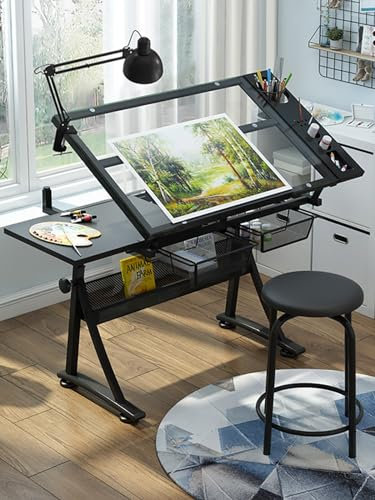 Scherenhubtisch Elektrisch Hubtisch, Zeichentisch, Künstlerschreibtisch, 0°-50° neigbare Acrylplatte, (25,6-35,4) höhenverstellbar, All-in-One-Kunstschreibtisch zum Schreiben, Basteln, Mal