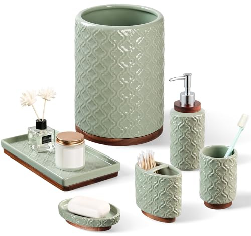 RQYIXI Badezimmer-Zubehör-Set aus Keramik, 6-teilig, Zahnbürstenhalter, Seifenspender, enthält Zahnputzbecher, Seifenschale, Becher, Grün