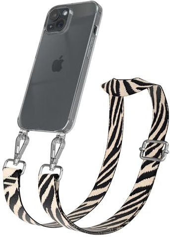 EAZY CASE Handykette - Verstellbares Taschenband kompatibel mit iPhone 15, Schulterriemen, Handykordel mit Silikon Hülle, Umhängetasche, Zebra - Schwarz Beige Silber