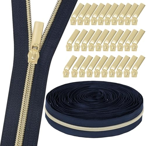 GUBOCA 9 M Cerniera Lampo Lunga,Cerniere in Nylon per Cucito a Metro con 30 Pezzi di Accessori (Oro,Blu Navy)