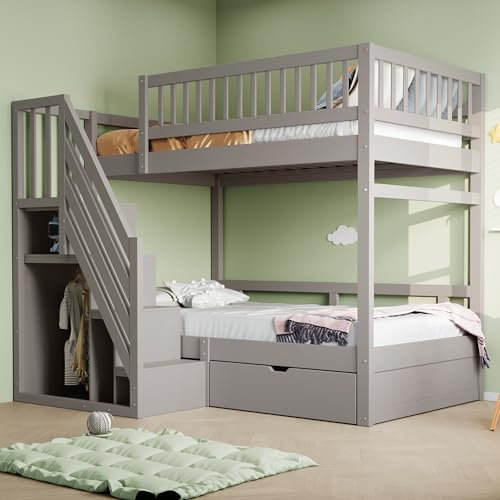 Kinderbett Etagenbett 90x200 Für 2 Kinder, Hochbett mit Treppe&Aufbewahrungsschrank&Schublade, Massivholz Funktionsbett Stockbett Jugendhochbett mit 2xLattenrost & Rausfallschutz, Ohne Matratze, Grau