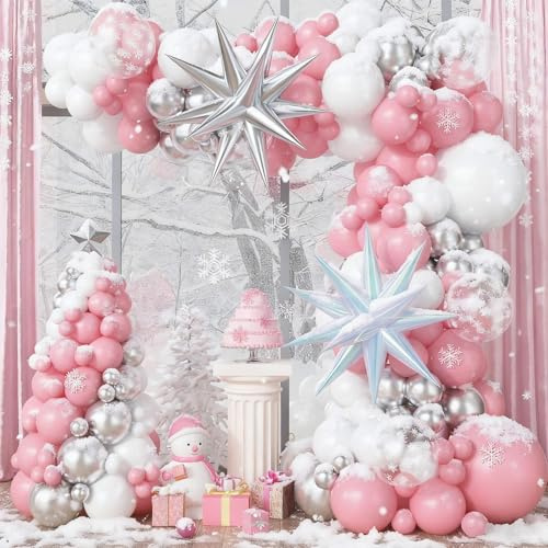 Kit di 121 palloncini rosa nel paese delle meraviglie invernali, 121 palloncini rosa bianchi e argento metallizzato, palloncini in lamina iridescente a forma di stella, per Natale, principessa