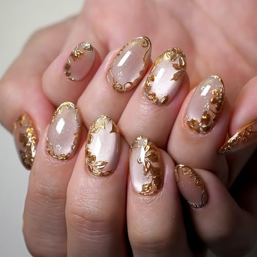 Auroriel 24 Pieces Gold Leaf Press on Nails Round Short Pink Reusable Acrylic Artificial Nails Press Ons Fake Nails with Gel Reusable for Women