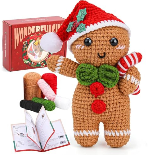 Woalopted Lebkuchenmann Häkelset, DIY Häkelnadel Set Weihnachts Häkeln Stricken, Lebkuchenmann Mit Weihnachtsmütze, Kreativ Strickset Erwachsene Geschenk Für Schlafzimmer