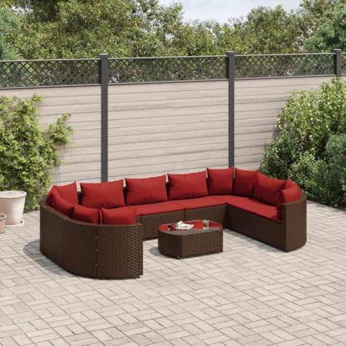 QJBSAVVA 10-TLG. Gartenmöbel-Set Braun Poly Rattan Eck- und Mittelsofa mit Tisch & Kissen 78x53 cm Glasplatte für Garten Terrasse Balkon Klein und Groß
