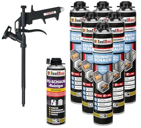 Isolbau - Brunnenschaum 1K Bauschaum Wasserdicht Aussen und Innen - 6 x Montageschaum 750 ml, 1 x PU-Schaum-Reiniger & 1 x Schaumpistole - PU-Schaum - Pistolenschaum Dämmschaum Isolierschaum