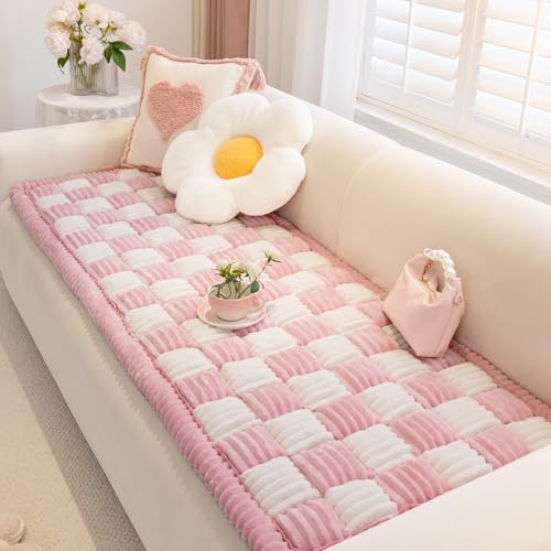 AEEISHOMEREFORM Sofaüberwurf rutschfest waschbar, Flanell Couchauflage extra dick mit Anti-Rutsch-Unterseite, Sofaschoner für 2/3/4-Sitzer & Haustiere, Karo (Rosa, 70x210cm)
