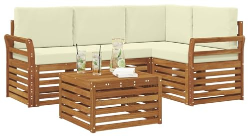 vidaXL Sofagarnituren 5 pcs Natur und Creme Massivholz Akazie, Moderne Gartensofa-Gruppe, stylische Möbel, gemütliche Lounge, Akazie und Holz für die Terrasse