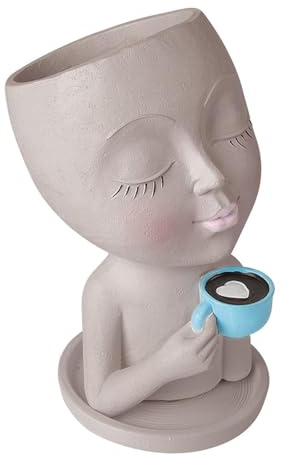 Uonguon Macetero con cabeza, plantador de cara para beber café, maceta de | resina con ojos cerrados y orificio de para plantas suculentas