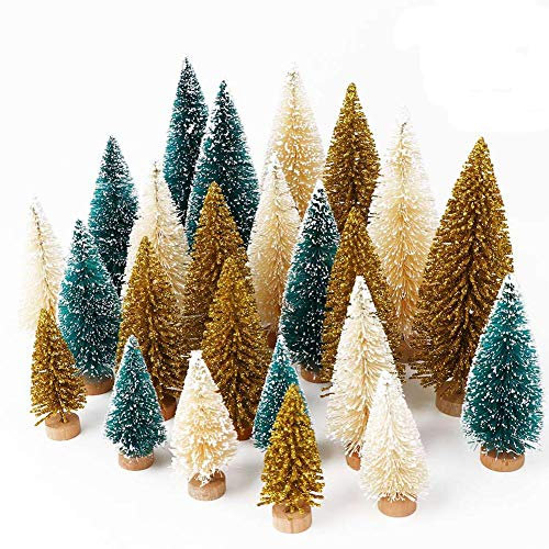 OurWarm Künstlicher Weihnachtsbaum, aus mattiertem Sisal, Flaschenbürste, Bäume mit Holzsockel, DIY Basteln, Mini-Kieferbaum für Weihnachten, Zuhause, Tischdekoration, Gold und Elfenbein, 24 Stück