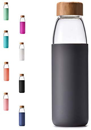 Veegoal, borraccia in vetro borosilicato da 532 ml, lavabile in lavastoviglie, con coperchio in bambù e custodia protettiva, priva di BPA, Grigio carbone