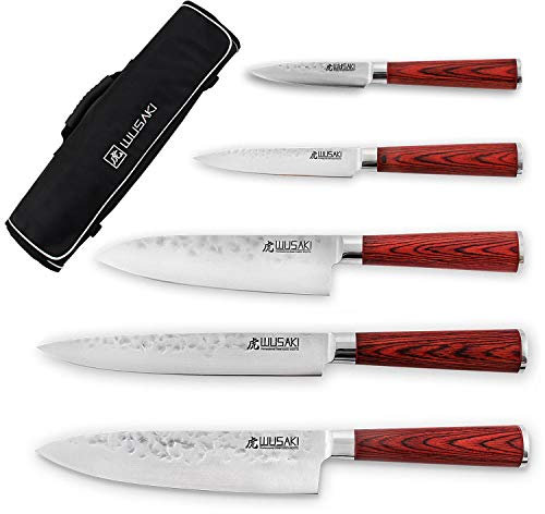 Wusaki Pakka X50 Mallette avec 5 couteaux, lames martelées en acier inoxydable allemand, manches en Pakkawood