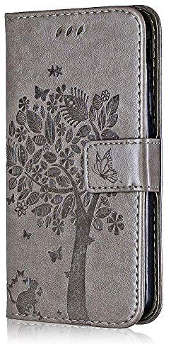 Conber Hülle für iPhone X/iPhone XS, PU Leder Tasche Flip Case Lederhülle Handyhülle, Vintage Katze und Baum Schutzhülle für iPhone X/iPhone XS - Grau