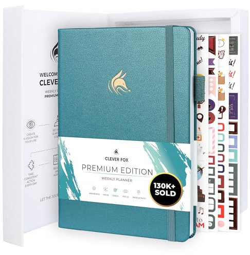 Clever Fox Planer Premium Edition - Luxuriöser Wochen & Monatsplaner zur Produktivitätssteigerung und zum Erreichen Ihrer Ziele - Organizer - Undatiert, Start jederzeit möglich, A5 - Aquamarin