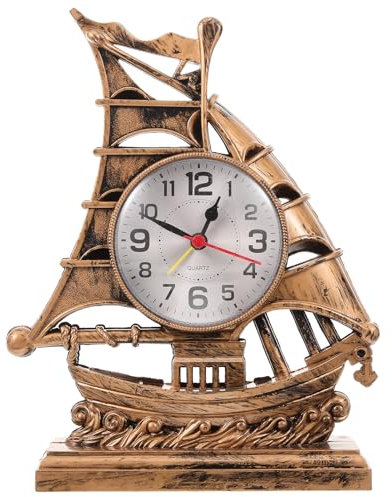 BESPORTBLE Nautische Tischuhr Segelboot Skulptur Wecker Retro Segelboot Tisch Schreibtischuhr Neuheit Regal Uhr Desktop-Schmuck für Kinder Geburtstag Neujahr Keine Batterie Golden