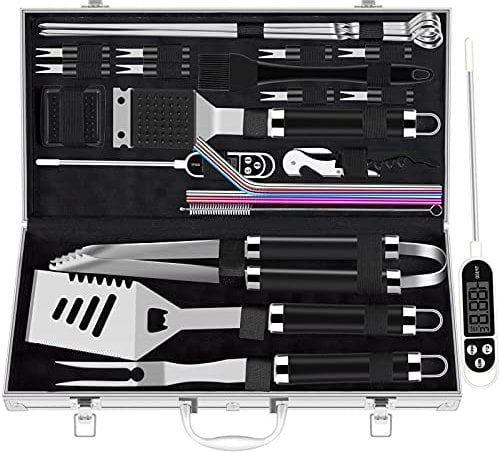ROMANTICIST,set di utensili extra spessi in acciaio inox per gli uomini, 26 pezzi, kit di accessori per barbecue per cortile, barbecue set regalo con spatola cavatappi in custodia in alluminio nero