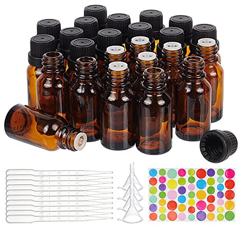 BENECREAT 24 Pack 15ml Bouteilles D'Huile Essentielle en Verre Brun avec Compte-Gouttes en Plastique, TréMies à Entonnoir et Autocollant pour L'Aromathérapie, Les Parfums et Les CosméTiques