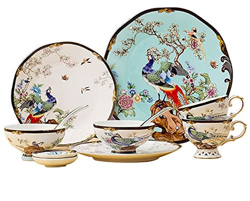 YJF-MRY 11-Teiliges Bone China Geschirr Set Blumen- Und Vogelbilder Phnom Penh Blau Dinner Set Bankettteller Mit Desserttellern Dinner Plates Kaffeetasse
