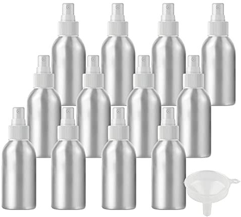 ZEOABSY Pack of 12 Empty 100ml Silver Aluminium Spray Bottle Refillable Aluminum Bottles with White Fine Mist Sprayer Metal Spray Bottles for Perfume Hair Garden Travel, Funnel