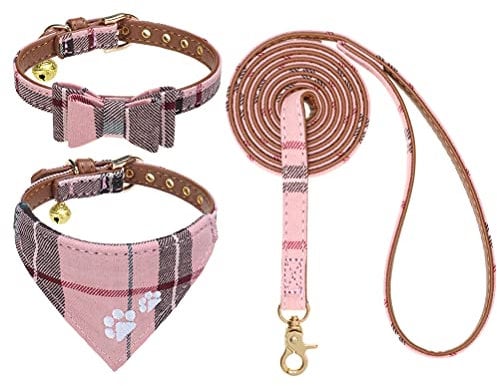 EXPAWLORER Collar and Lead Set - Classic Plaid Collar With Bow Tie and Pawprint Bandana, No Tangle Lead, Adjustable for Cats and Small/Medium Dogs, Pink S/M
