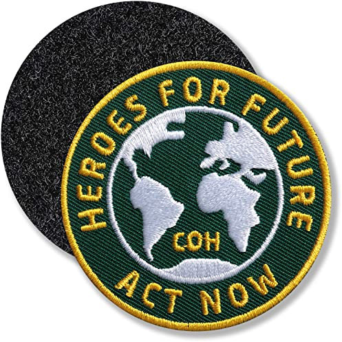 Klimaschutz, Heroes for Future/Klett-Patch gestickt rund/Klett Patch Patches Aufnäher Applikation zum aufnähen aufkleben auf Kleidung Rucksack Taschen