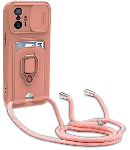 yanasuo Schiebe Kameraschutz Silikon Handykette Hülle kompatibel mit Xiaomi Mi 11T/11T Pro, Metall Ring Halter Handy Cover,Verstellbarer Halskette Handyhülle-Pink