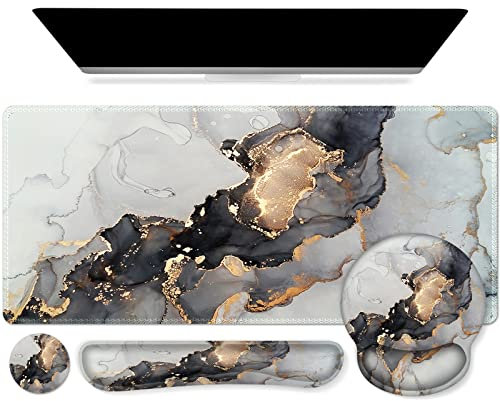 iCasso – Ensemble de tapis de bureau 4 en 1 : tapis de souris gaming XXL, repose-poignet pour clavier, repose-poignet pour souris et sous-verre, avec design ergonomique pour ordinateur de bureau (Grey