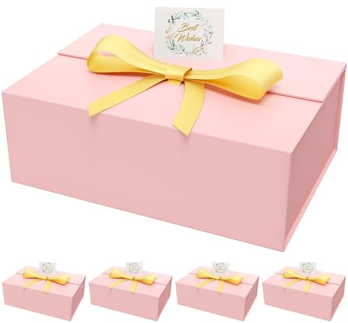 Confezione da 5 scatole regalo rosa con nastro, 33 x 22 x 10 cm, grandi scatole regalo per regali con coperchio e fiocco, chiusura magnetica, pieghevoli, per proposte di damigella d'onore, matrimoni