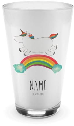 Mr. & Mrs. Panda Personalisiertes Glas Einhorn Regenbogen, Premium Glas, 400 ml