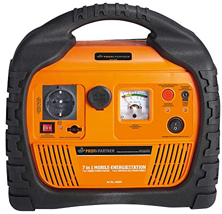 PROFI-PARTNER Mobile Energiestation/tragbare Powerstation/Auto Starthilfe mit Kompressor/Schlauch u. Adaptern, 12 V/230 V Spannungswandler Steckdose (400 W), LED-Scheinwerfer, Radio, Powerbank