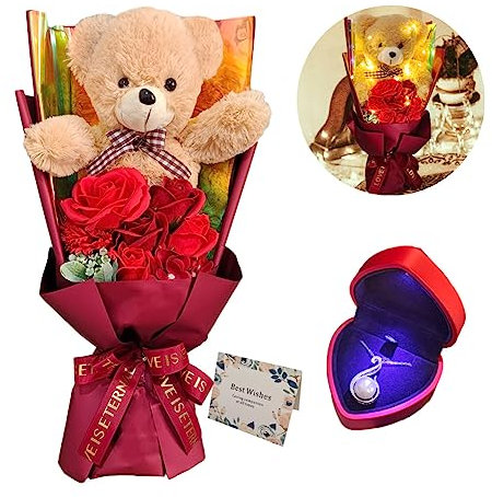 EIGHTOWN Konservierter Rosenstrauß mit Teddybär, künstliche Rosen mit Perlenkette für sie, Liebesgeschenk, Muttertag, Valentinstag, Geburtstag (rot)