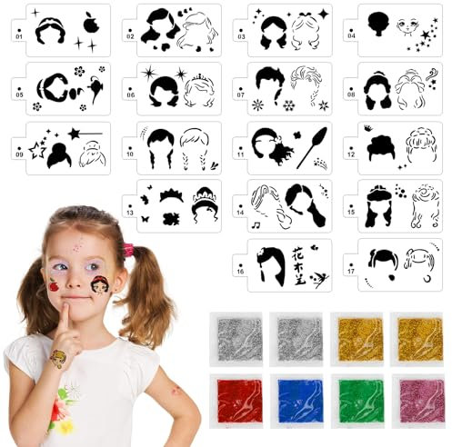 OOTSR 17 Prinzessin-Schablonen und Glitzer für Mädchen, Tattoo-Schablonen und Glitzerpulver für Gesicht und Körper, Kreativität Tattoo Schablone für Halloween Schminke Partys