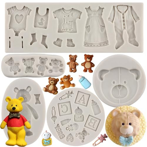 MYPRACS 5 Stück Baby Silikon Fondant Kuchenform Bären Silikonformen Babyparty Cupcake Form für Baby Geburtstagskuchen Dekorieren von Süßigkeiten Schokolade Gummipaste Polymerton