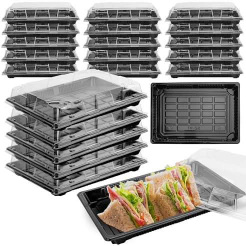 WeeGoo 25 Pcs Sandwich Platter Trays with Lids Buffet Trays with Lids Black Base Catering Platter Trays with Lid Meal Prep Containers with Lid for Party Food, Cakes, Sushi (26 x 19 x 5 cm)