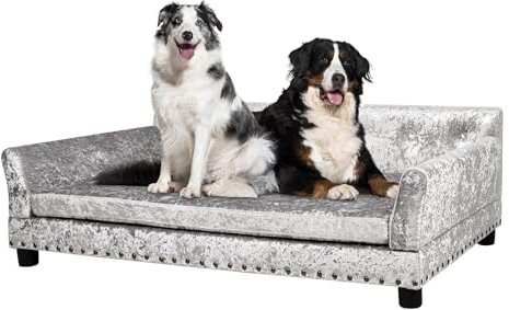 BingoPaw Luxus Samt Hundesofa XXL: Mordern Haustiersofa Hundecouch für Grosse Hunde, Erhöhtes Hundebett mit weichem Kissen und Rückenlehne, Grau 120x74x40cm