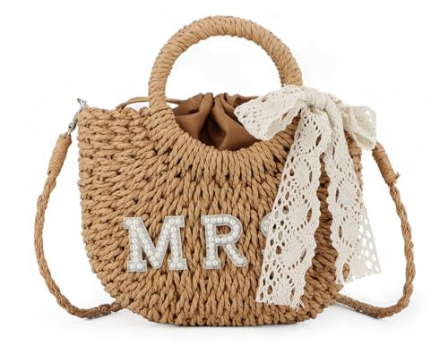 Ynport Crefreak Damen Braut Stroh Umhängetasche Handgewebte Umhängetasche Strass Brief Patches Handtasche Junggesellenabschied Flitterwochen Hochzeit Braut Dusche Geschenk, Braun MRS