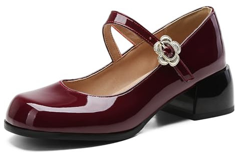 Lizoleor Mary Jane Tacco Chunky Square Toe Vernice Donna Scarpe Eleganti Concise Comodo Shool Estate Serata Scarpe Vino Rosso Numero 36.5 EU/37Cn