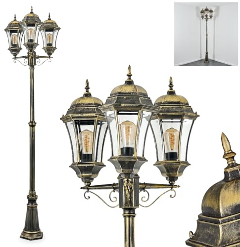 HOFSTEIN Kandelaber Etoo, Außenwegeleuchte aus Metall/Glas in Schwarz/Braun-Gold/Klar, Wegeleuchte im Landhaus/Antik/Retro/Vintage-Design für Garten, Außenbereich, Hof, max. 250 cm, 3 x E27, IP44