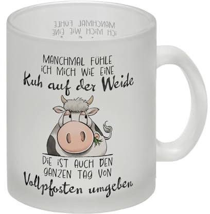 Kuh Glas Tasse mit Spruch Von Vollpfosten umgeben wie eine Kuh Ideal fürs Büro Arbeit Perfekte Tasse für genervte Kollegen Witziger Schreibtisch Hingucker