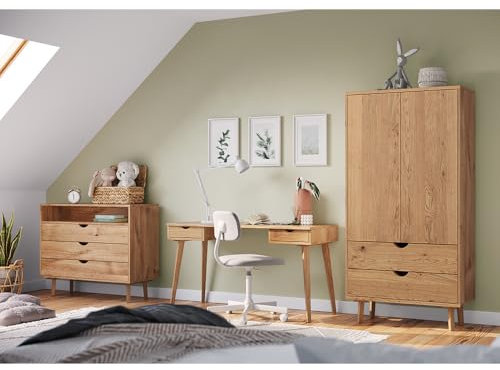 Lomadox Jugendzimmer Kinderzimmer Möbel Set 3-teilig Kommode, Schreibtisch, Kleiderschrank 90cm breit Eiche massiv