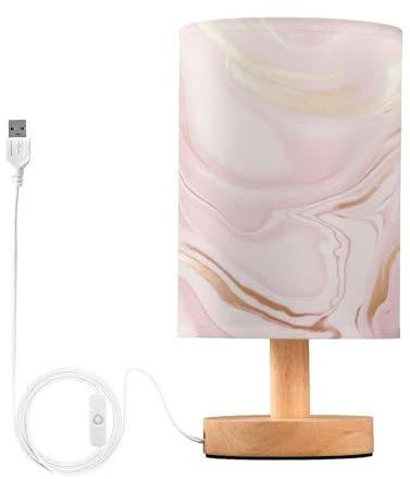 SKYSHU Rose Gold Marble Bedside Table Lamp, Small LED Desk Light USB Nightstand Lamp with Non Slip Wood Base & Eye-Friendily Lampshade for Living Room Bedroom Dorm Home Office Desk Decor