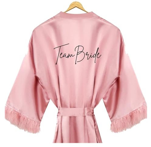WLTYSM Bride Bridesmaid Wedding Feather Robe Satin White Rose Gold Bathrobe Femme Sexy Casual Short Sleepwear Robe Satin Peignoir Mariée(Team Bride,XX-Large)