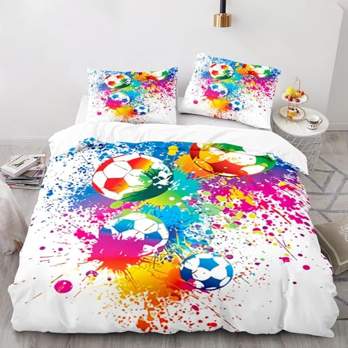 JLCZBT Fußball Bettwäsche Kinder 135x200cm, 3D Druck Fußball Muster Bettbezug, Jungen Teenager Fussball-Fan Sport Thema Bettwäsche Set Blau mit Kissenbezug (A-2, 135 x 200 cm)