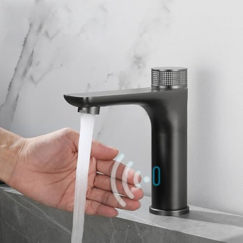 Infrared Sensor Faucet, Stainless Steel Automatic Touchless Sink Tap Hot Cold Water Mixer Temperature Control Handwheel Anti-Slip for for Bathroom(Black)
