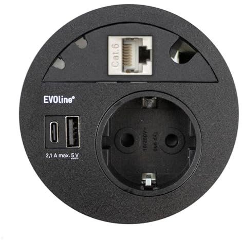 EVOline Circle80 Einbausteckdose mit USB-Doppelcharger A/C, Blende CAT6A, schwarz